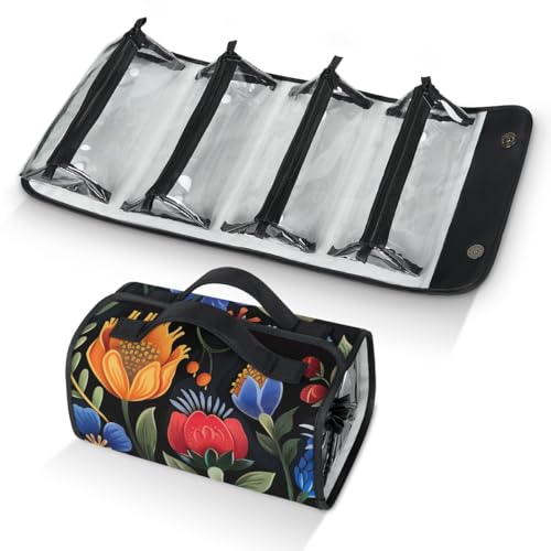 Boho Flower Hanging Roll Up Cosmetic Bag with 4 Removable Storage Bags Waterproof Foldable Toiletry Kit for Women - color: Multicolor 19