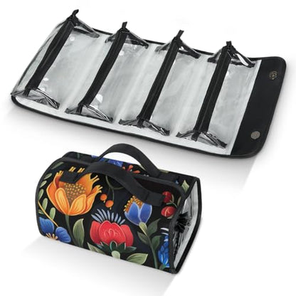 Boho Flower Hanging Roll Up Cosmetic Bag with 4 Removable Storage Bags Waterproof Foldable Toiletry Kit for Women - color: Multicolor 19