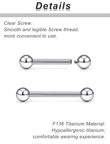 16G 14G 12G Titanium Tongue Rings Nipple Piercings Externally/Internally Threaded G23 Hypaollergenic Nipple Tongue Barbells Piercing Jewelry for Women Men 12mm 14mm 16mm 19mm Bars - style: 12G-12mm 14mm 16mm Bars-Internally Threaded