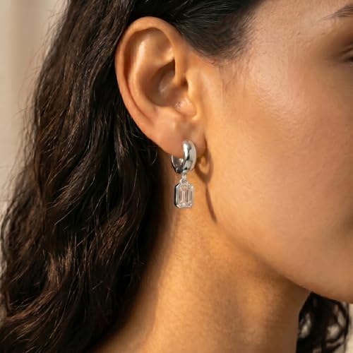 NIXMAX Trendy Gold Dangle Earrings for Women, Chunky Statement CZ Hoops | Bezel-Set Cubic Zirconia Charm, 14K Gold Plated, Lightweight Hypoallergenic Jewelry, Fashion Accessories, Gifts for Women - color: Silver-Chunky Rectangle Hoops