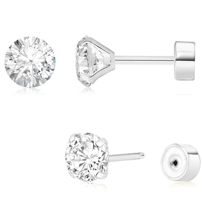 Threadless Flat Back Earrings, Hypoallergenic 14K Real Gold Plated CZ Stud Earrings | Cartilage Earring | Tragus Helix Piercing Jewelry | Push in Flatback Earrings for Women Men - color: Silver, size: 6 Millimeters