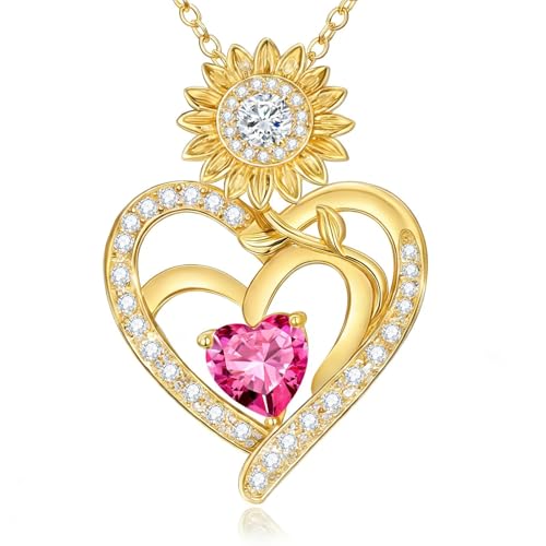 Midari Sunflower Necklace 18k Gold Plated Heart with Brithstone You Are My Sunshine Necklace Anniversary Birthday Sunflower Jewelry Gift for Women Wife Mom - color: 10-October