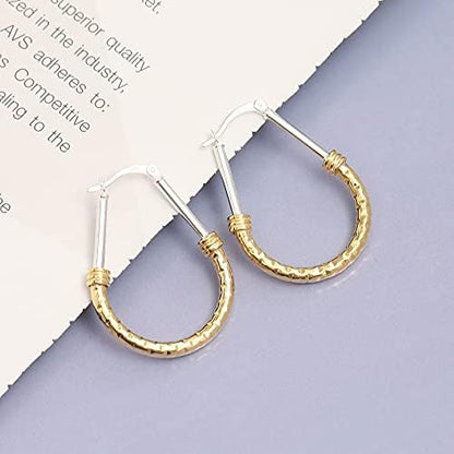 LeCalla 925 Sterling Silver Hoop Earrings for Women | Italian Design Classic Diamond-Cut Textured Hoops Earring | Women's Oval Drop Shape Silver Earring Jewelry - color: Large Two-Tone