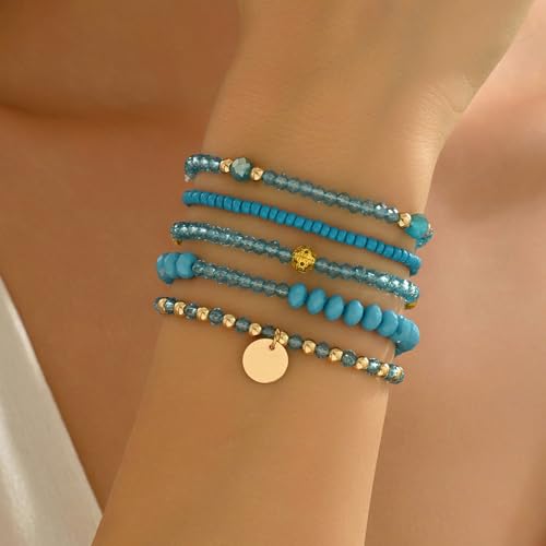 Bohemian Handmade Crystal Seed Beads Disc Pendant Colorful Multilayered Elastic Bracelets Stackable Stretch Strand Bangles Friendship Summer Beach Jewelry for Women - color: blue