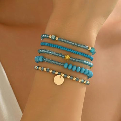Bohemian Handmade Crystal Seed Beads Disc Pendant Colorful Multilayered Elastic Bracelets Stackable Stretch Strand Bangles Friendship Summer Beach Jewelry for Women - color: blue
