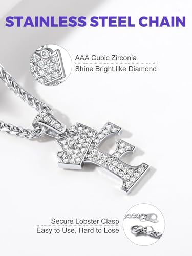 Richsteel Silver Crown Initial A-Z Letter Pendant Necklace for Men Women | Cubic Zirconia Monogram, 316L Steel Chain, 22" + 2" Extender,Hypoallergenic,Gift Box, Hip Hop Jewelry - style: F
