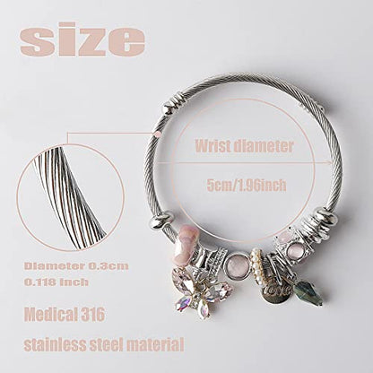 DS Charm Bracelets for girls,exquisite cute cartoon friendship bracelets Silver Stainless Steel Bangle with birthday Gift box, Adjustable girls jewelry Suitable for holiday gifts - style: Silver-pink butterfly