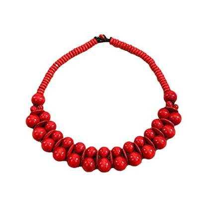 COLORFUL BLING Ethnic Large Chunky Wooden Beaded Necklaces Boho African Statement Necklace Handmade Tribal Collar Choker Bib Jewelry - color: joint red
