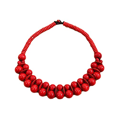 COLORFUL BLING Ethnic Large Chunky Wooden Beaded Necklaces Boho African Statement Necklace Handmade Tribal Collar Choker Bib Jewelry - color: joint red