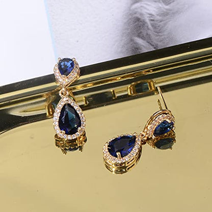 Pave Teardrop Earrings for Wedding Sterling Silver Double Pear Shaped CZ Cubic Zirconia Crystal Rhinestone Birthstone Dangle Earrings Bridal Jewelry for Bride Bridesmaids - color: Royal Blue Sapphire-Gold