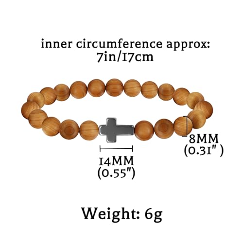 5Pcs Sandalwood Stretch Bracelets for Women Men with Hematite Stone Cross Mala Beads - color: B1