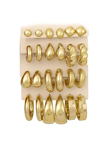 12 Pairs Chunky Gold Hoop Earrings for Women Trendy, Gold Plated Lightweight Hypoallergenic Stack, Thick Open Twisted Huggie Hoops Earring Set - color: 12 Pairs Gold Hoop