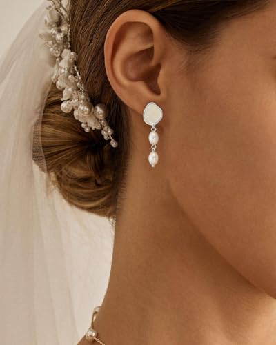 Pearl Earrings - 14K Gold/White Gold/Rose Gold Plated Cubic Zirconia CZ Diaomond Accented Pearl Drop Dangle Earrings for Women Wedding Bridal Prom - color: Silver Mother of Pearl