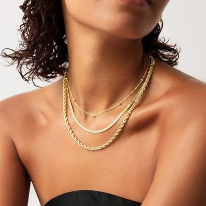 Turandoss Layered Necklaces for Women, 14K Gold Plated Chain Necklace Stack | Non Tarnish Gold Necklaces for Women, Toggle Clasp Herringbone Rope Satellite Cuban Link Chain Necklace, Trendy Jewelry Gifts - color: herringbone+satellite+rope-1
