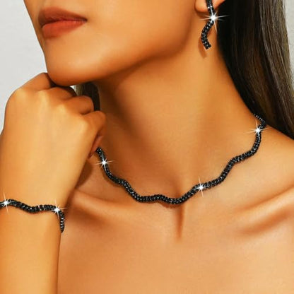Aukmla Rhinestones Bridal Wedding Jewelry Set Choker Necklaces Earrings Bracelet Sets Prom Jewelry for Women and Brides - color: Black