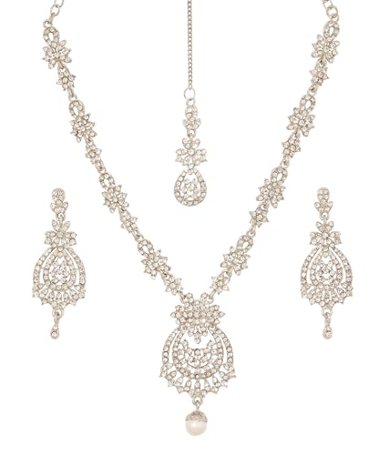 Touchstone Indian jewelry sets for women maang tikka wedding guest gold necklace bollywood jewellery set pageant elegant prom bride accessories western crystal chunky rhinestone necklaces - color: 7 Clear white in white plating
