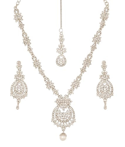 Touchstone Indian jewelry sets for women maang tikka wedding guest gold necklace bollywood jewellery set pageant elegant prom bride accessories western crystal chunky rhinestone necklaces - color: 7 Clear white in white plating