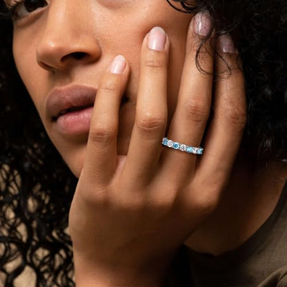 Birthstone Wedding Band Eternity Rings 925 Sterling Silver Rings Stackable Anniversary Engagement Rings Cubic Zirconia Inlaid Created Garnet/Amethyst/Sapphire Ring 7 Stone Ring, Size 6 to 10 - color: Blue Topaz & 5A CZ