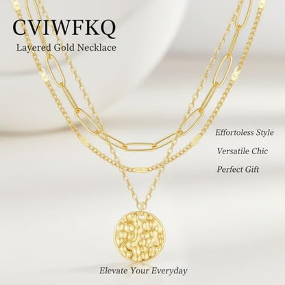 3Pcs Set Gold/Silver Layered Necklaces 14K Gold Plated Dainty Coin Pendant Beaded Paperclip CZ Chain for Women Hypoallergenic Stackable Choker Necklace Set Gifts - color: Gold 3 Pcs Coin