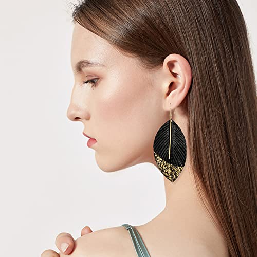 Bohemian Handmade Lightweight Color Large Genuine Soft Leather Fringe Feather Leaf Tear Dangle Drop Earrings for Women Statement - color: 2-Black