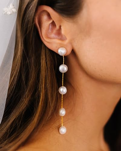 Clip-On Pearl Dangle Earrings - Baroque AAA+ Freshwater Pearl Long Drop Earrings for Women - Elegant Dangling Earrings - color: Yellow Gold