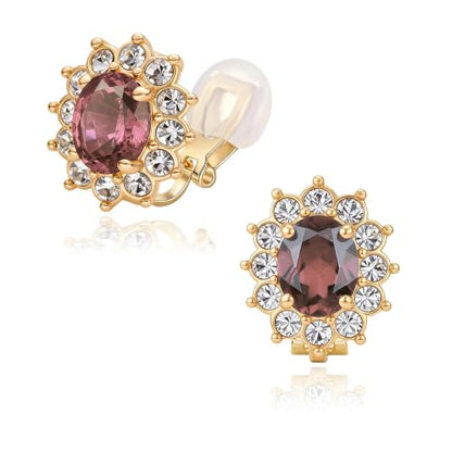 EVEVIC Oval Austrian Crystal Halo Clip On Earrings for Women | Oval Austrian Crystal with Zircon Halo,14K Gold-Plated,Silicone Comfort Pad,Gift Box Included,For Daily and Evening Events - color: Antique Pink