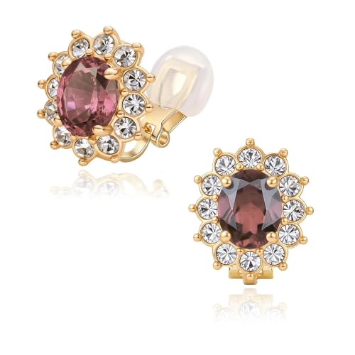 EVEVIC Oval Austrian Crystal Halo Clip On Earrings for Women | Oval Austrian Crystal with Zircon Halo,14K Gold-Plated,Silicone Comfort Pad,Gift Box Included,For Daily and Evening Events - color: Antique Pink