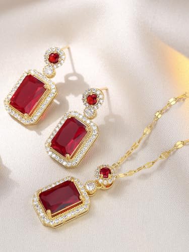 2pcs Cubic Zirconia Wedding Jewelry Sets for Women - Elegant CZ Necklace and Earrings Set with 18K Gold Plated Chain Jewelry Perfect as Special Occasion Gift - color: Red