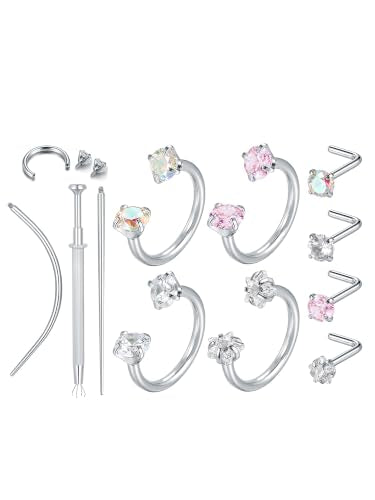 Aumeo Horseshoe 18G Nose Rings 8mm for Women, Surgical Steel 20G L Shaped Nose Rings Studs 7mm, Internally Threaded Tragus Cartilage Helix Earrings, Silver/Gold - style: Silver, 4pcs horseshoe nose rings