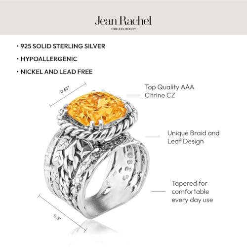 JEAN RACHEL JEWELRY 925 Sterling Silver Braid Leaf Cushion Ring | Ornate statement ring beautifully adorned with sculpted leaf motifs, twisted rope braids, and a CZ center stone. - color: Citrine CZ