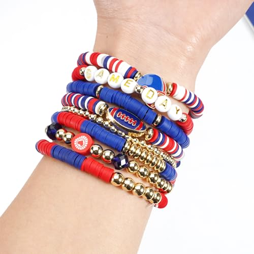Ardorchid Halloween Bracelets for Women Pumpkin Ghost Steleton Bat Skull Beaded Stackable Stretchy Bracelet Rugby Thanksgiving Christmas Heishi Bracelets - color: Game Day-Blue&Red