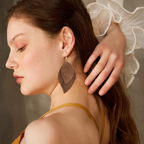 Genuine Leather Handmade Fringe Feather Lightweight Dangle Drop Earrings Teardrop Tassel Hook Earrings for Women - style: 13 Brown