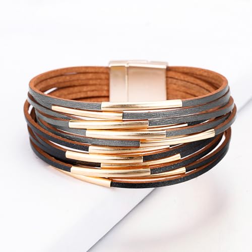Fesciory Leather Wrap Bracelets for Women, Boho Western Layered Jewelry | Layered leather cuff bracelets, Easy on and off, Boho western style, Daily wear, Gift for women - color: Black and Gray 1