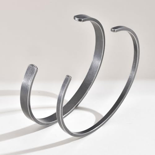 Stainless Steel Mens Cuff Bracelet : Minimal Cool Silver/Black/Gold Plated Open Metal Cuff Bangle Bracelets for Men,Mens Bracelet Jewelry Gift - color: Antique Grey-2-Pack, size: Medium( fit 5.5"-7.2" wrist)