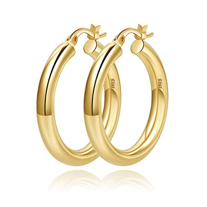 4mm Thick Gold Chunky Earrings Steling Silver Post Hoops Earrings For Women Hollow Tube Hoops Earrings Thick Gold Hoop Earrings Hypoallergenic Lightweight Gold Hoop Large Earrings 20/30/40/50/60MM - color: Gold,20mm