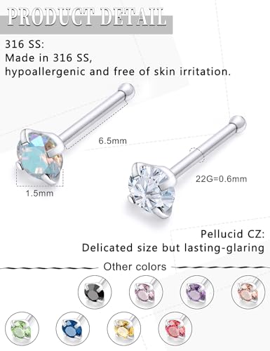 18G 20G 22G Round Cubic Zirconia Nose Rings Studs for Women Men 316L Stainless Surgical Steel Nose Ring Stud Piercing Jewelry Silver Clear CZ 1.5mm 2mm 3mm - style: 22G Straight Silver CZ 1.5mm