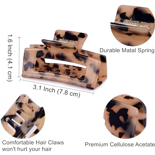 3 inch Hair Claw Clips Cutout Tortoise Shell Celluloid Hair Jaw Clips French Design Rectangle Hair Clamp for Women Ladies Mother (2 Pack)