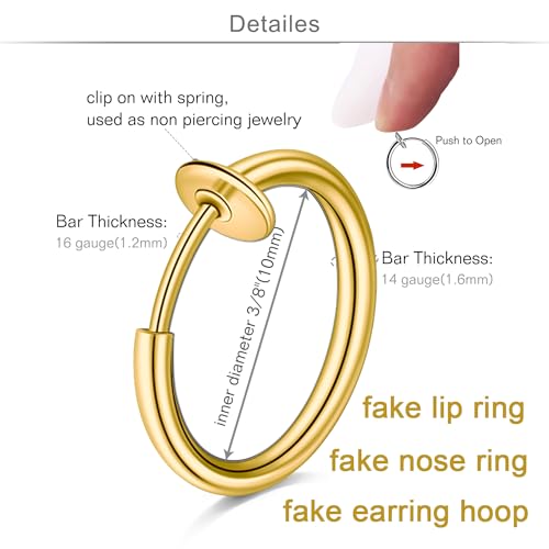 QWALIT Fake Nose Ring Fake Lip Piercing Fake Lip Ring Fake Nose Ring Hoop Fake Snake Bites Fake Lip Piercings Faux Lip Rings Fake Nose Piercing Clip on Nose Ring Spring - color: A4-spring + basic- gold