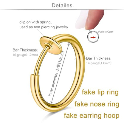 QWALIT Fake Nose Ring Fake Lip Piercing Fake Lip Ring Fake Nose Ring Hoop Fake Snake Bites Fake Lip Piercings Faux Lip Rings Fake Nose Piercing Clip on Nose Ring Spring - color: A4-spring + basic- gold