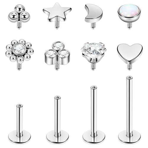 NICEIGHT 16G 18G 316L Stainless Steel Internally Threaded Labret Monroe Studs Lip Rings Stud for Women Men Flat Back Cartilage Tragus Earrings Studs Forward Helix Earrings Conch Medusa Piercing - color: Silver, size: 16G