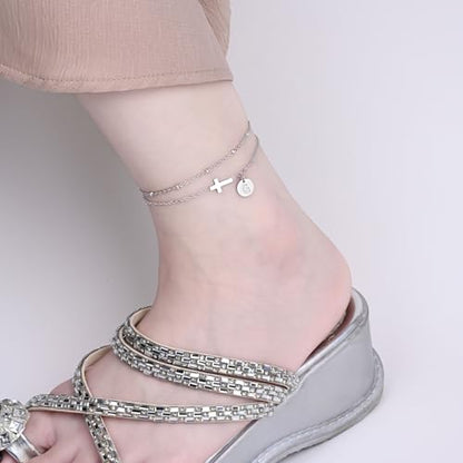 Gold Cross Ankle Bracelets for Women | Anklets for Women Waterproof with Initial Charm (A-Z) | Non Tarnish Summer Beach Jewelry Gifts for Her - color: Silver G