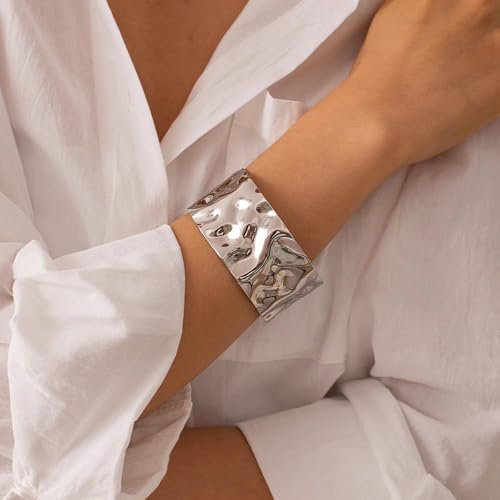 GIGB PBDK Chunky Gold Hammered Bangle Bracelets for Women Lover,Irregular Silver Large Wide Metal Arm Cuff,Minimalist Adjustable Statement Jewelry Gifts