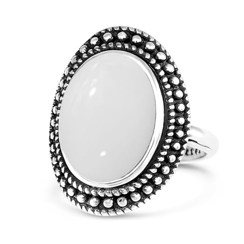 Retro Sterling Silver Stone Ring,Antique Natural Real Oval Crystal Quartz Gemstone Boho Bohemian Ring Jewelry for Women - color: A05_White Agate