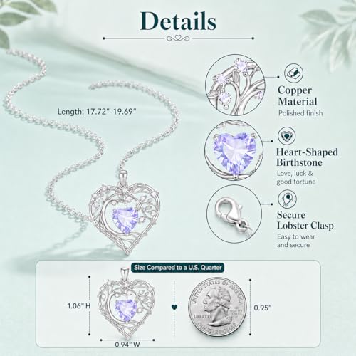 Gamtic Tree of Life Birthstone Pendant Necklace - Heart Cubic Zirconia Diamond Necklace Birth Month Necklaces Birthday Gift for Her Wife Mom Daughter Grandma Girlfriend Anniversary Jewelry Gift - style: June