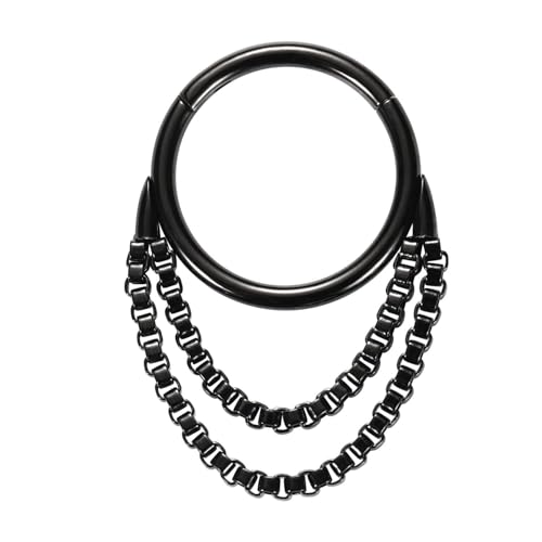 AROWRO Chain Septum Rings 316L Surgical Steel Septum Clicker Daith Piercing Jewelry Dangle Nose Rings for Women 16G 8/10mm Conch Cartilage Hoop Seamless Hinged Septum Jewelry with Clear CZ/Opal - color: Style-4-Black double chains, size: 16G-10mm