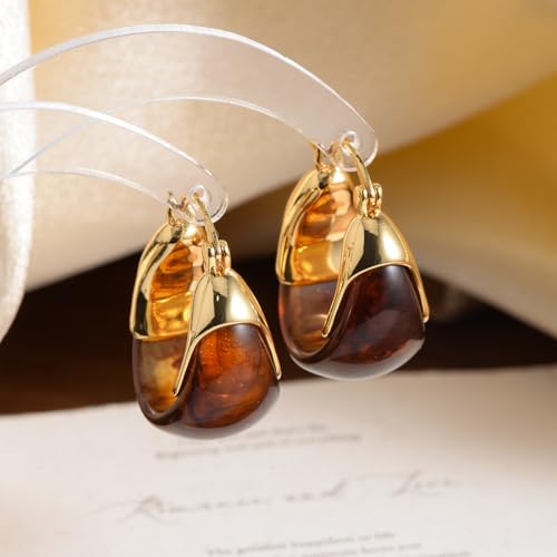 18K Gold Plated Chunky Hoop Earrings with Amber Resin Accent, Retro Teardrop Huggie Earrings for Women, Lightweight Statement Jewelry