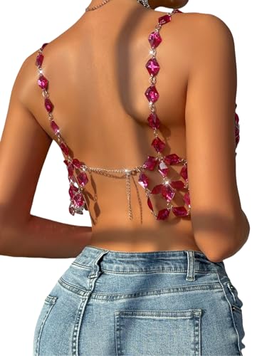 Rhinestones Body Chain Suit Silver Crystal Bikini Bra Underwear Sexy Sparkly Party Body Jewelry Accessories for Women - color: Rose Red