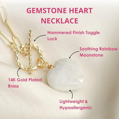 Gempires Gemstone Heart Pendant Necklace for Women, Gold Toggle Birthstone | Handmade gemstone heart pendant necklace — choose from 11 stones and birthstones, gold toggle paperclip chain. - color: Rainbow Moonstone