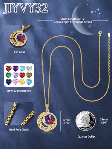 14K Gold Moon and Star Double Birthstone Necklace Gifts for Women | 2 Heart Birthstone Necklace,Mothers Day Wedding Anniversary Birthday Gifts for Wife Mom Daughter Grandma Sister - color: 02-07-Feb-Jul Birthstone