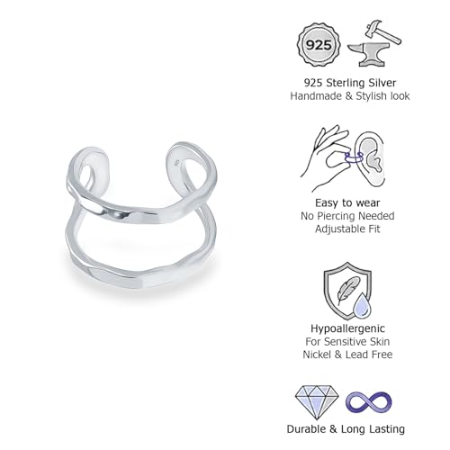 LeCalla 925 Sterling Silver Cuff Earrings for Women | Non-Piercing Fake Helix Cartilage Cuff Earrings | Hammered Ear Cuff-Set for Non-Pierced Ears | Cartilage Earring Silver Ear Clips Jewelry 12MM